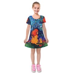 Lion Art Starry Night Van Gogh Kids  Short Sleeve Velvet Dress