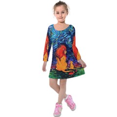 Lion Art Starry Night Van Gogh Kids  Long Sleeve Velvet Dress