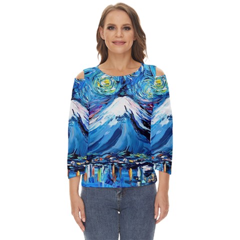 Mount Fuji Art Starry Night Van Gogh Cut Out Wide Sleeve Top by Modalart