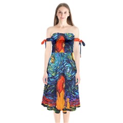 Lion Art Starry Night Van Gogh Shoulder Tie Bardot Midi Dress by Modalart