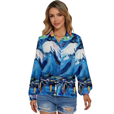 Mount Fuji Art Starry Night Van Gogh Women s Long Sleeve Button Up Shirt by Modalart