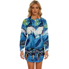 Mount Fuji Art Starry Night Van Gogh Womens Long Sleeve Shirt Dress