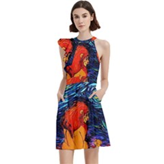 Lion Art Starry Night Van Gogh Cocktail Party Halter Sleeveless Dress With Pockets by Modalart