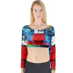 Red House Dog Cartoon Starry Night Long Sleeve Crop Top by Modalart