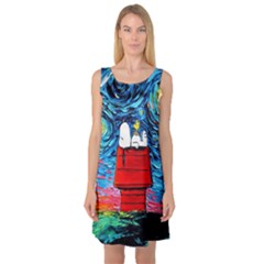 Red House Dog Cartoon Starry Night Sleeveless Satin Nightdress by Modalart