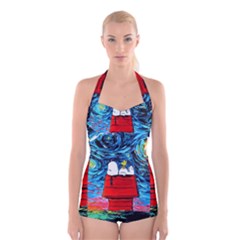 Red House Dog Cartoon Starry Night Boyleg Halter Swimsuit  by Modalart