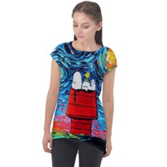 Red House Dog Cartoon Starry Night Cap Sleeve High Low Top by Modalart