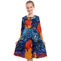 Lion Art Starry Night Van Gogh Kids  Midi Sailor Dress by Modalart