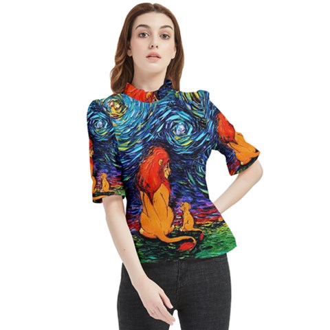 Lion Art Starry Night Van Gogh Frill Neck Blouse by Modalart