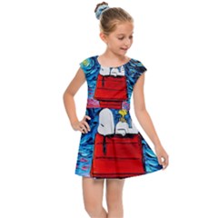 Red House Dog Cartoon Starry Night Kids  Cap Sleeve Dress by Modalart