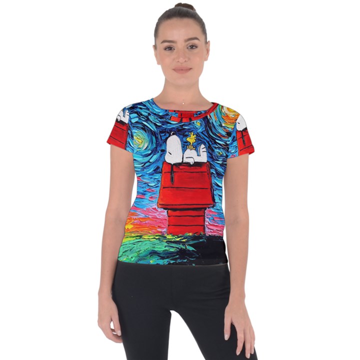 Red House Dog Cartoon Starry Night Short Sleeve Sports Top 