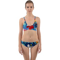 Red House Dog Cartoon Starry Night Wrap Around Bikini Set by Modalart