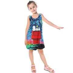 Red House Dog Cartoon Starry Night Kids  Sleeveless Dress by Modalart