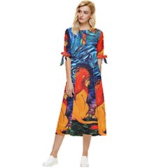 Lion Art Starry Night Van Gogh Bow Sleeve Chiffon Midi Dress by Modalart