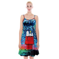 Red House Dog Cartoon Starry Night Spaghetti Strap Velvet Dress