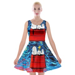 Red House Dog Cartoon Starry Night Velvet Skater Dress