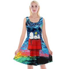 Red House Dog Cartoon Starry Night Reversible Velvet Sleeveless Dress