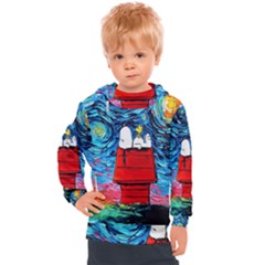 Red House Dog Cartoon Starry Night Kids  Hooded Pullover by Modalart