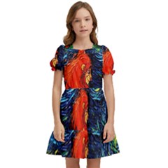 Lion Art Starry Night Van Gogh Kids  Puff Sleeved Dress by Modalart