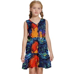 Lion Art Starry Night Van Gogh Kids  Sleeveless Tiered Mini Dress by Modalart