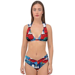 Red House Dog Cartoon Starry Night Double Strap Halter Bikini Set by Modalart