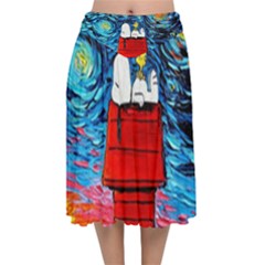 Red House Dog Cartoon Starry Night Velvet Flared Midi Skirt