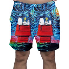 Red House Dog Cartoon Starry Night Men s Shorts by Modalart