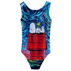 Red House Dog Cartoon Starry Night Kids  Cut-out Back One Piece Swimsuit by Modalart