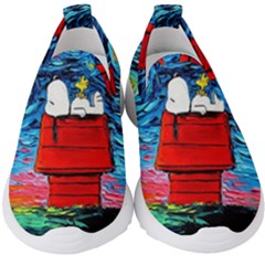 Red House Dog Cartoon Starry Night Kids  Slip On Sneakers by Modalart