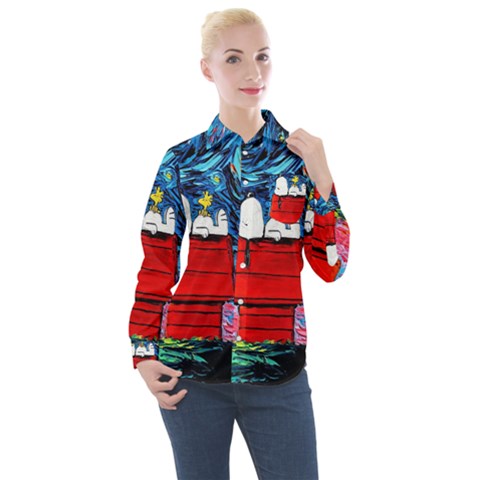 Red House Dog Cartoon Starry Night Women s Long Sleeve Pocket Shirt by Modalart