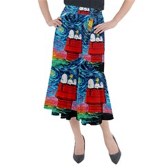 Red House Dog Cartoon Starry Night Midi Mermaid Skirt by Modalart