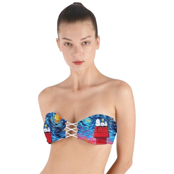 Red House Dog Cartoon Starry Night Twist Bandeau Bikini Top