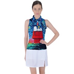 Red House Dog Cartoon Starry Night Women s Sleeveless Polo T-shirt by Modalart