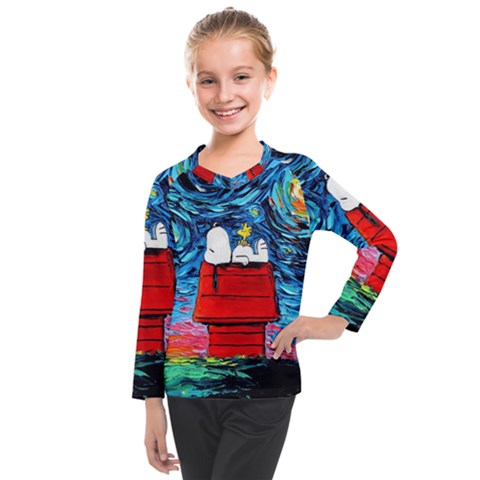 Red House Dog Cartoon Starry Night Kids  Long Mesh T-shirt by Modalart