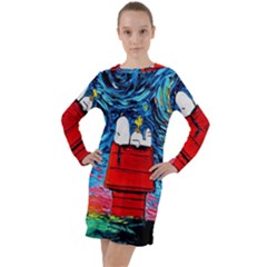 Red House Dog Cartoon Starry Night Long Sleeve Hoodie Dress