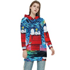 Red House Dog Cartoon Starry Night Women s Long Oversized Pullover Hoodie