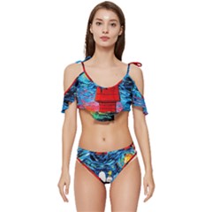 Red House Dog Cartoon Starry Night Ruffle Edge Tie Up Bikini Set	 by Modalart