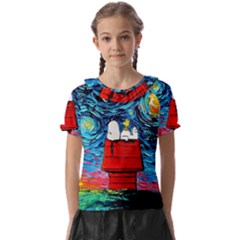 Red House Dog Cartoon Starry Night Kids  Frill Chiffon Blouse by Modalart