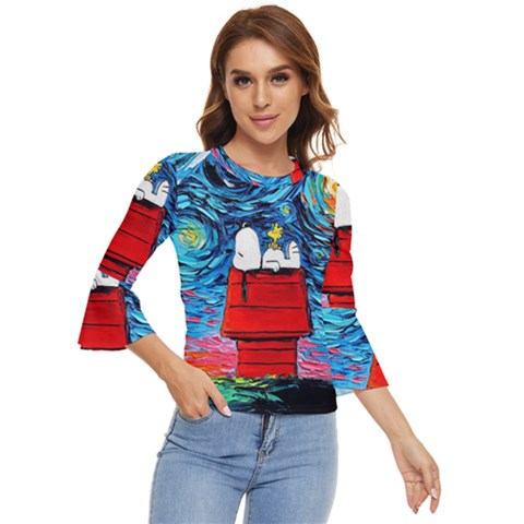 Red House Dog Cartoon Starry Night Bell Sleeve Top by Modalart