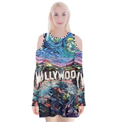 Hollywood Art Starry Night Van Gogh Velvet Long Sleeve Shoulder Cutout Dress