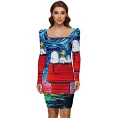 Red House Dog Cartoon Starry Night Women Long Sleeve Ruched Stretch Jersey Dress by Modalart