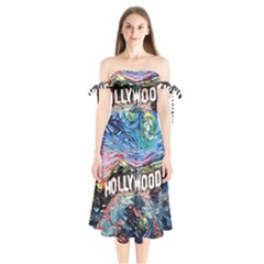 Hollywood Art Starry Night Van Gogh Shoulder Tie Bardot Midi Dress by Modalart