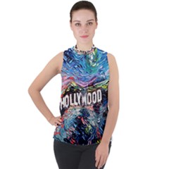 Hollywood Art Starry Night Van Gogh Mock Neck Chiffon Sleeveless Top by Modalart