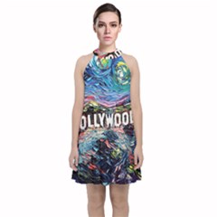 Hollywood Art Starry Night Van Gogh Velvet Halter Neckline Dress 