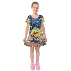 Art Cartoon Starry Night Van Gogh Kids  Short Sleeve Velvet Dress