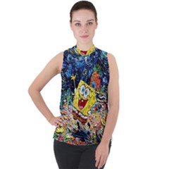 Art Cartoon Starry Night Van Gogh Mock Neck Chiffon Sleeveless Top