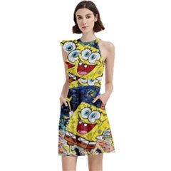 Art Cartoon Starry Night Van Gogh Cocktail Party Halter Sleeveless Dress With Pockets by Modalart