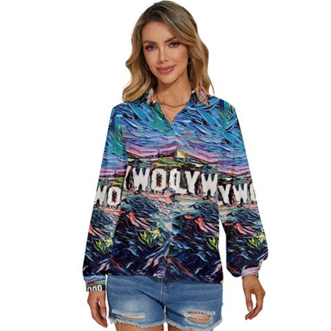 Hollywood Art Starry Night Van Gogh Women s Long Sleeve Button Up Shirt by Modalart