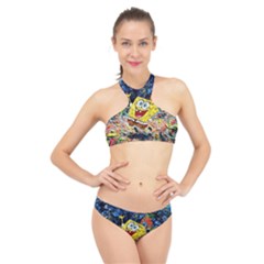 Art Cartoon Starry Night Van Gogh High Neck Bikini Set by Modalart