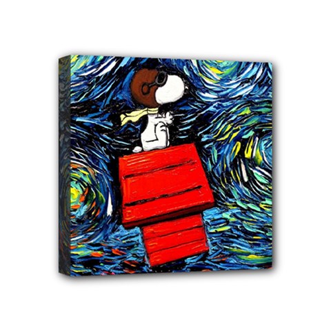 Dog Flying House Cartoon Starry Night Vincent Van Gogh Parody Mini Canvas 4  X 4  (stretched) by Modalart